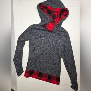 Gray and Red Plaid Hooded Womens Sweater. Asymmetrical Neck